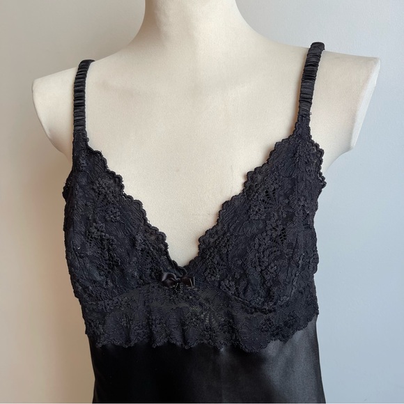 Vintage Oscar de la Renta Pink Label Black Satin Lace Slip Chemise Dress Large - Picture 2 of 6
